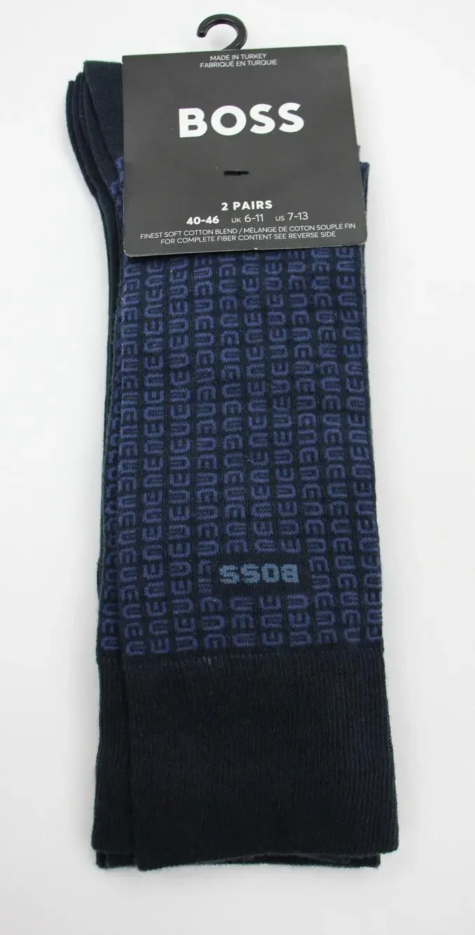 Boss Socks Mens 7-13 Blue Solid & Geometric Dress 2 Pack Mid Calf Cotton Blend